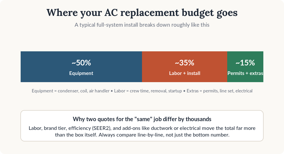Breakdown of AC replacement cost: about half equipment, a third labor, the rest permits and extras